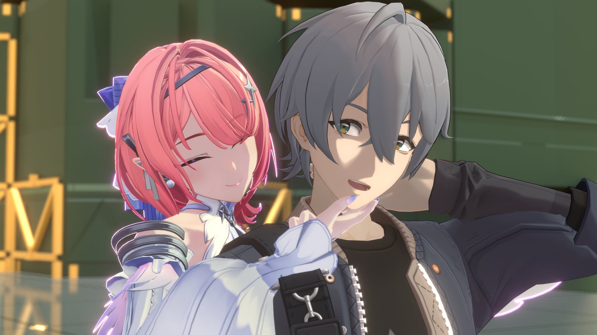 Ramielle and Wise smiling together in a softly lit city interior