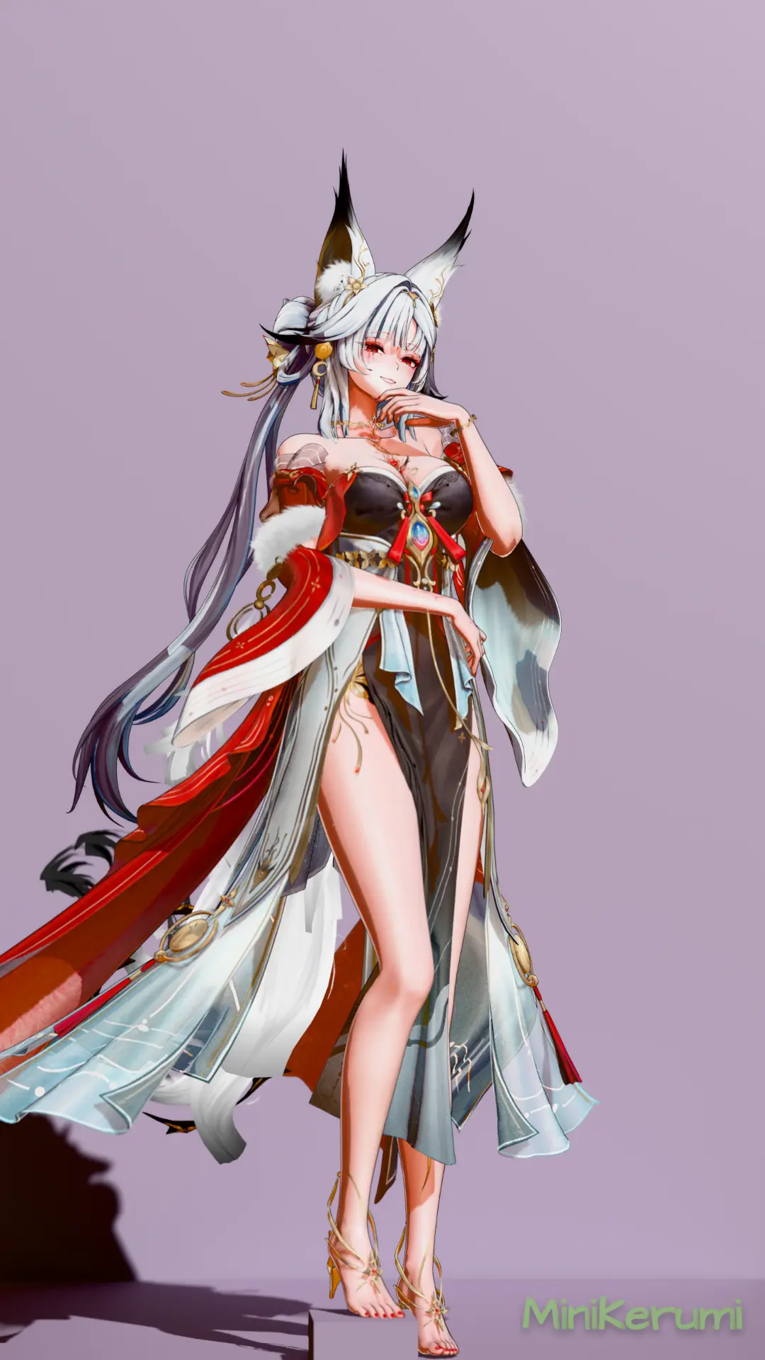 Hsin the Moon Fox in a red, black, and white outfit