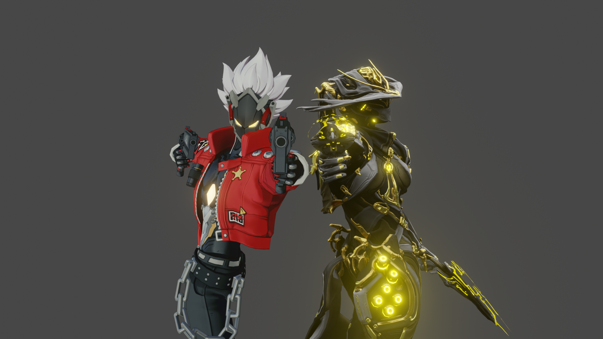 Mesa and Billy posed together against a dark backdrop