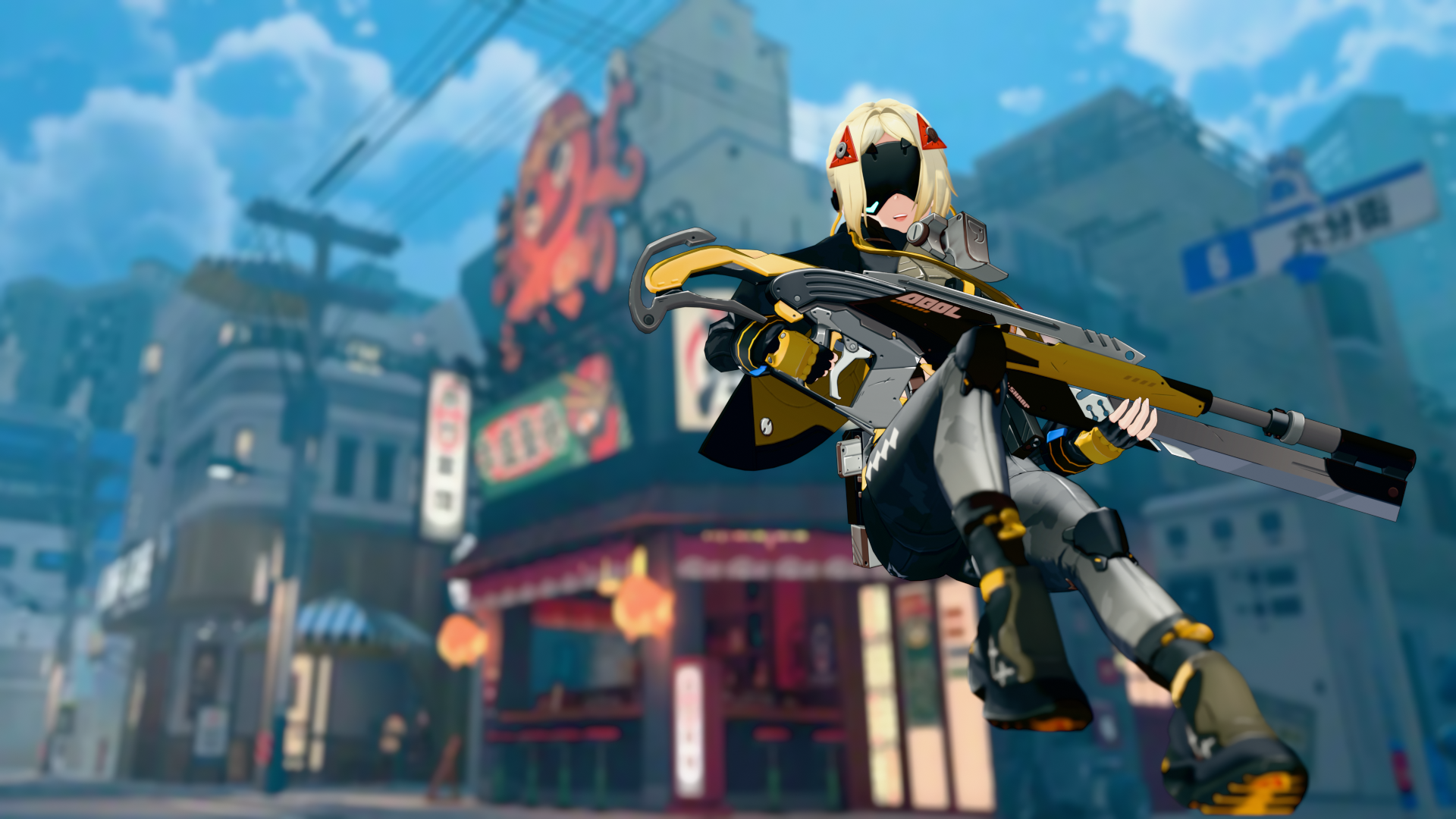 Trigger suspended above a colorful urban street