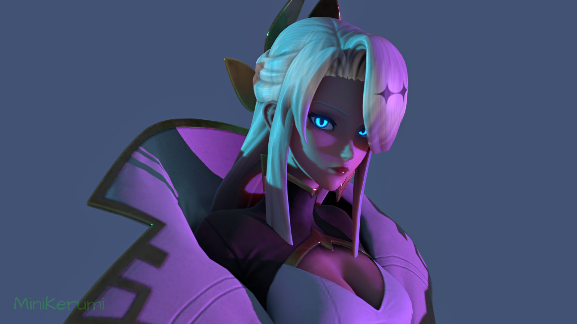Professor Zenara portrait illuminated by cyan and magenta light